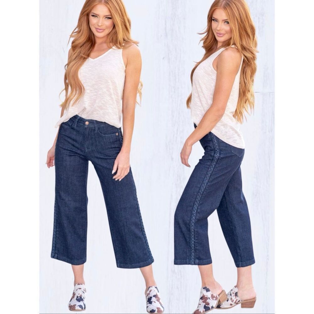 Judy Blue Braided Side Seam Cropped Wide Leg Jeans Dark Wash Stretch Denim NWT - Picture 11 of 16